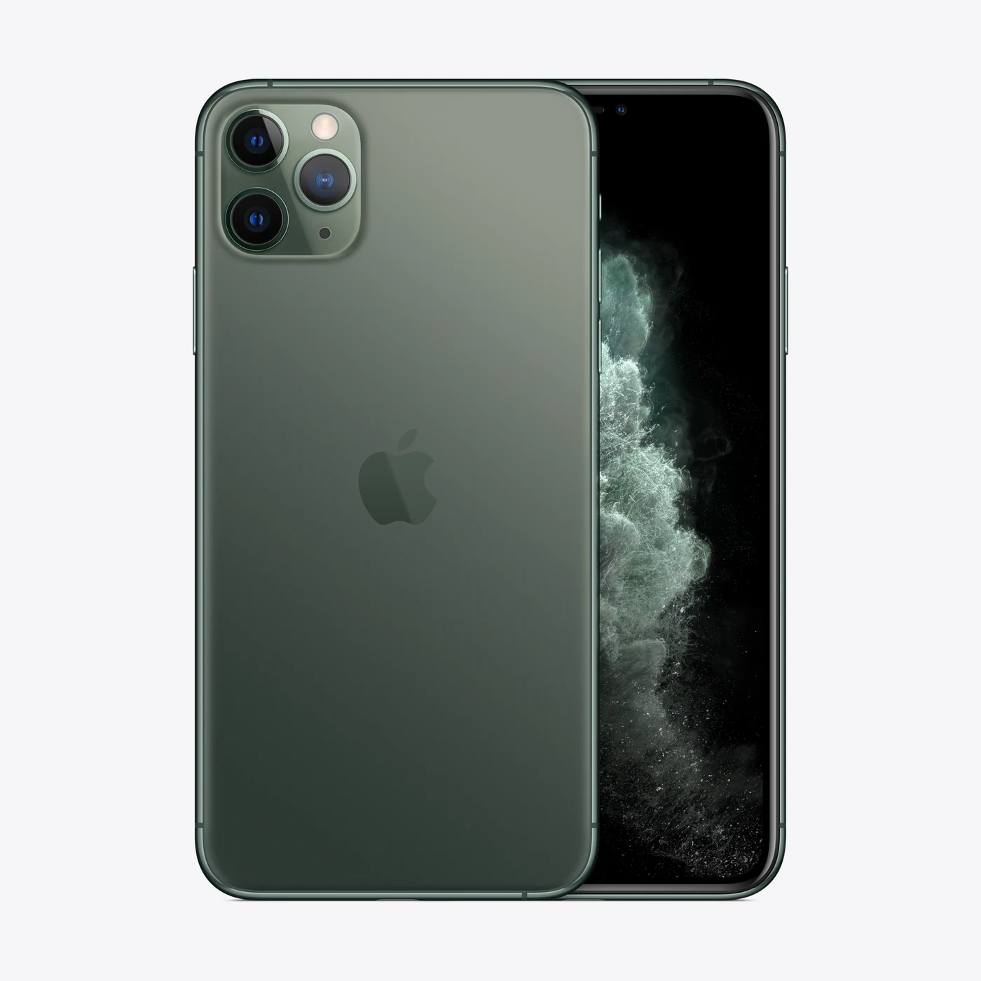 iPhone 11 Pro Max en verde noche, vista trasera y frontal