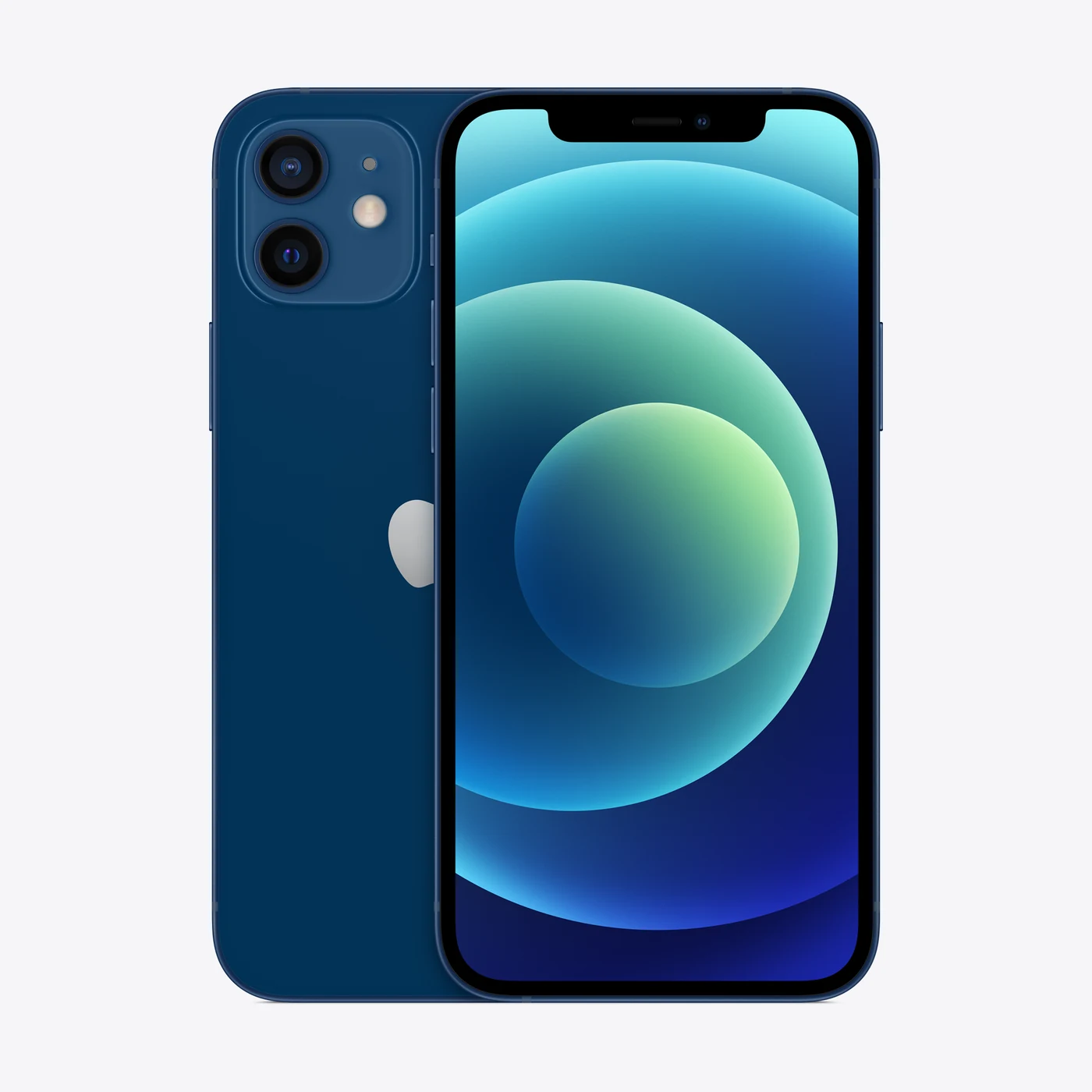 iPhone 12 en azul, vista trasera y frontal