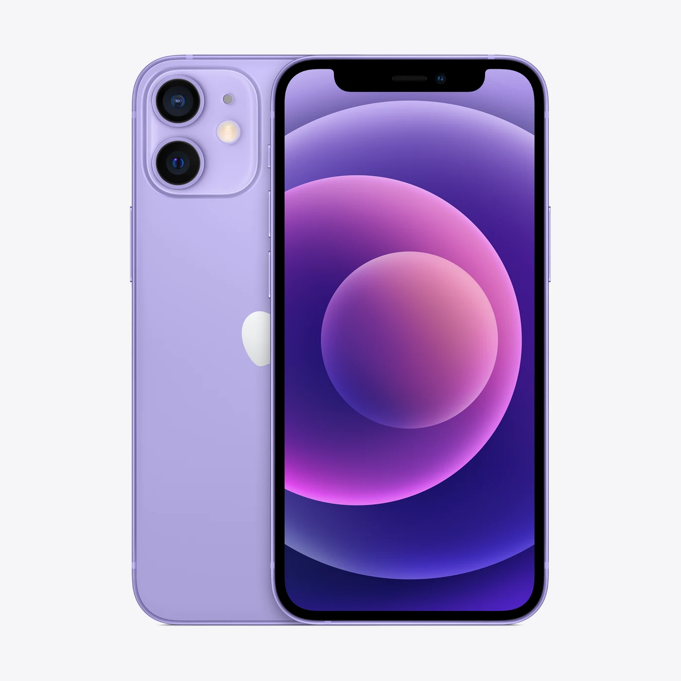 iPhone 12 mini en morado, vista trasera y frontal