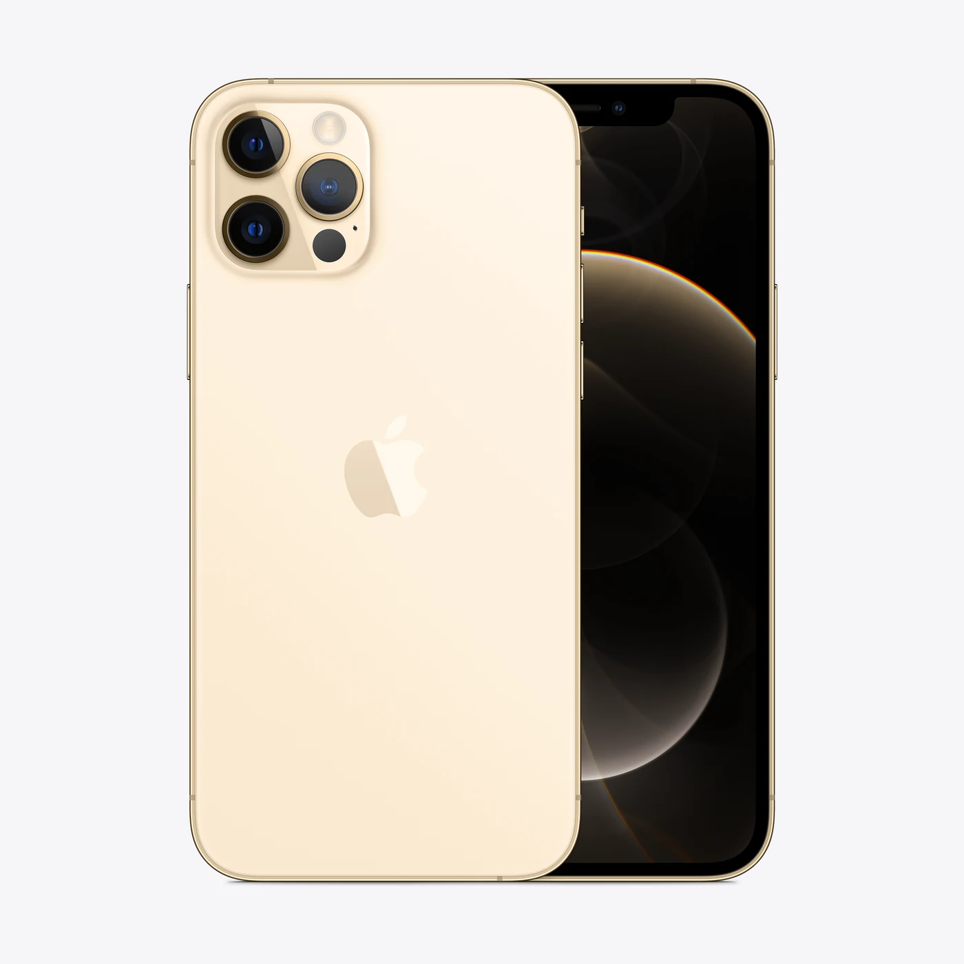 iPhone 12 Pro en dorado, vista trasera y frontal