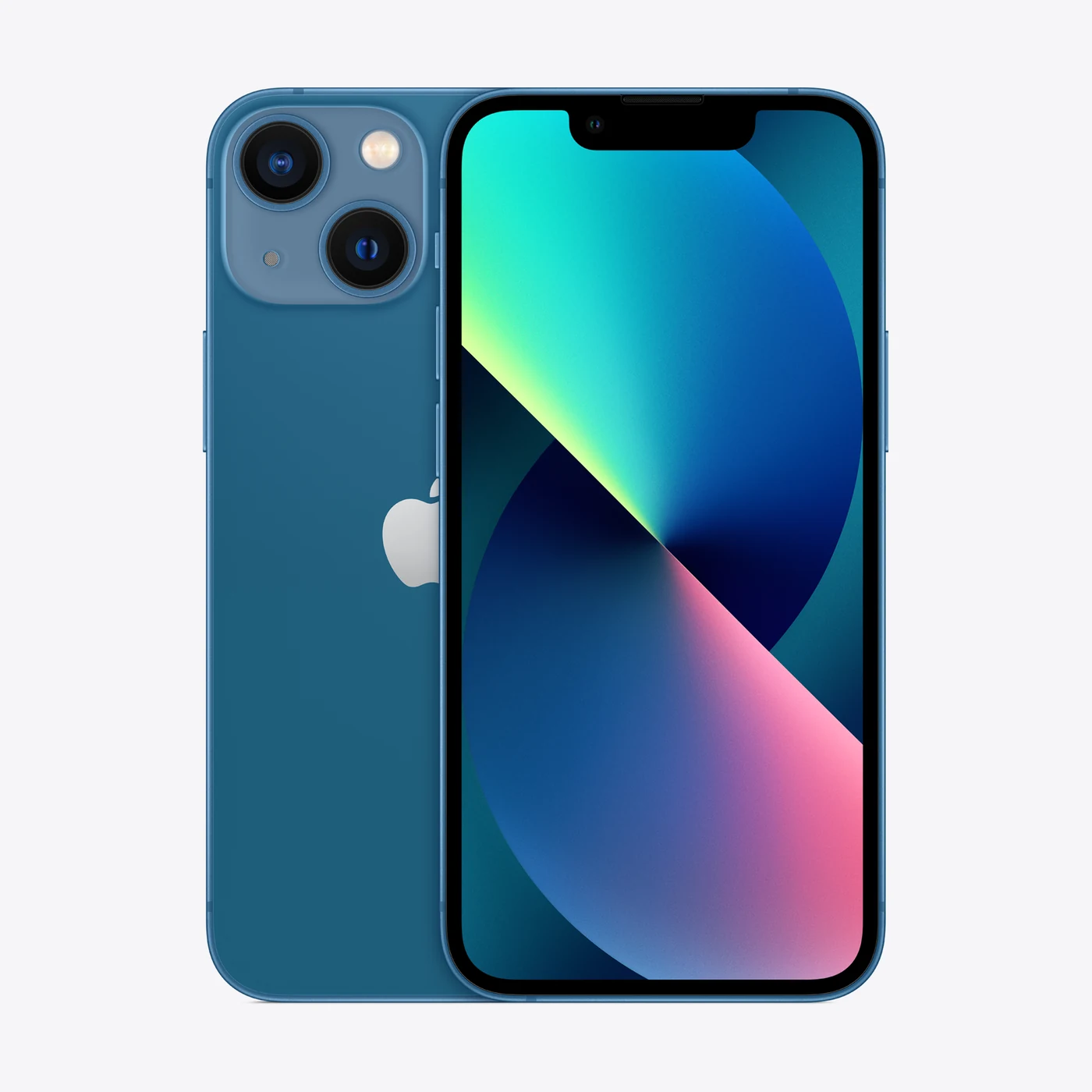 iPhone 13 mini en azul, vista trasera y frontal