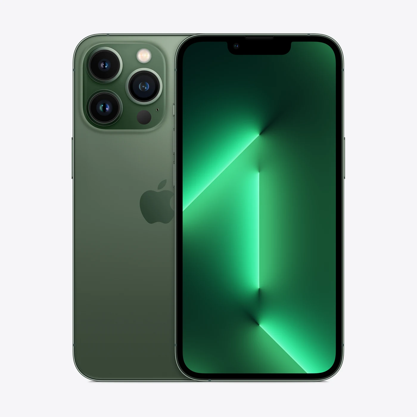 iPhone 13 Pro en verde alpino, vista trasera y frontal