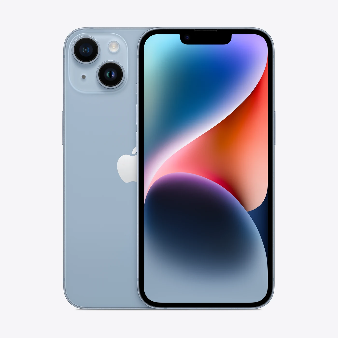 iPhone 14 en azul, vista trasera y frontal