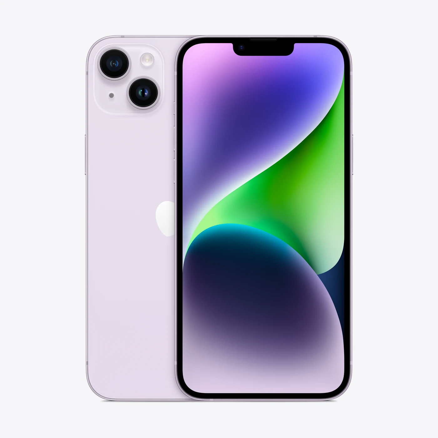 iPhone 14 Plus en morado, vista trasera y frontal