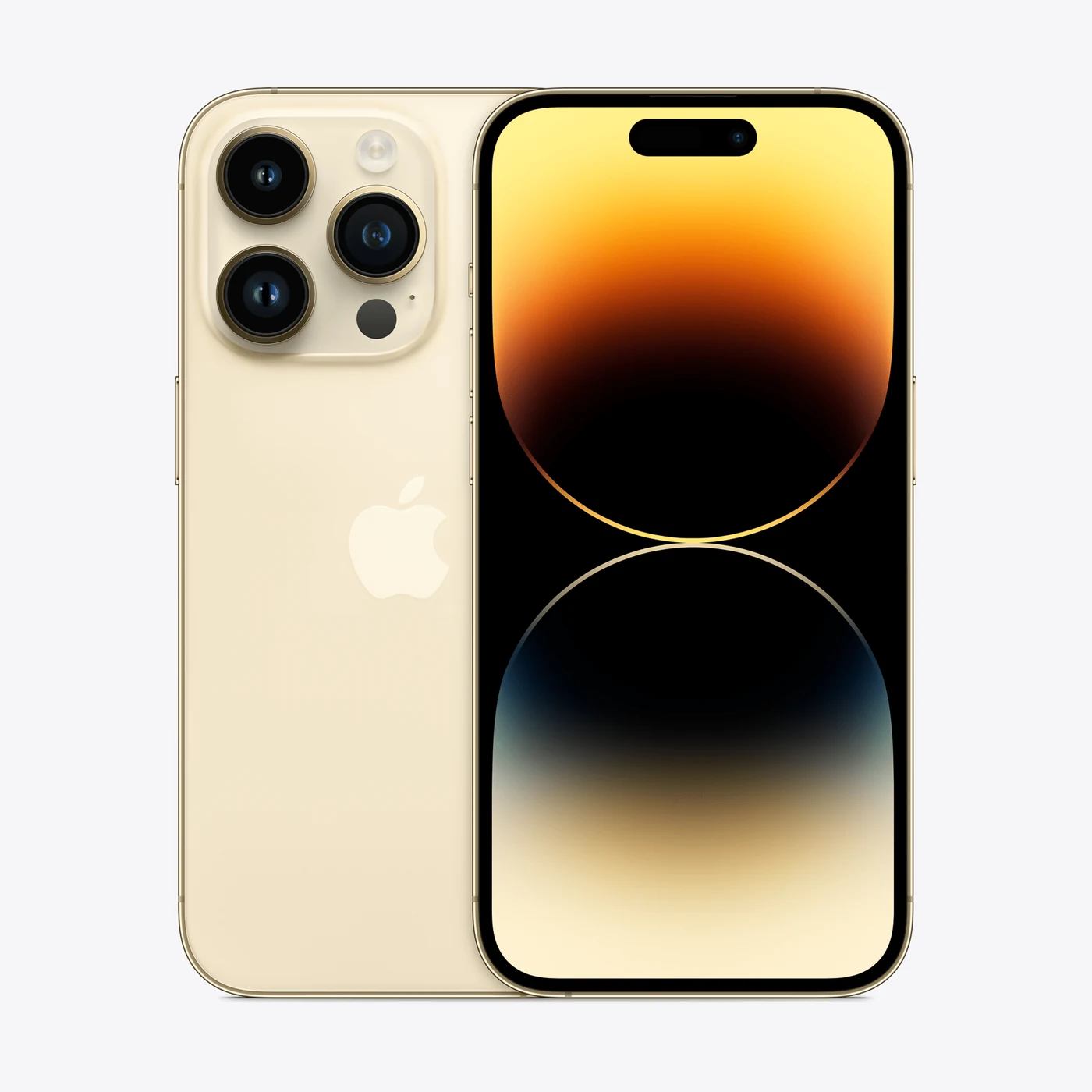 iPhone 14 Pro en dorado, vista trasera y frontal