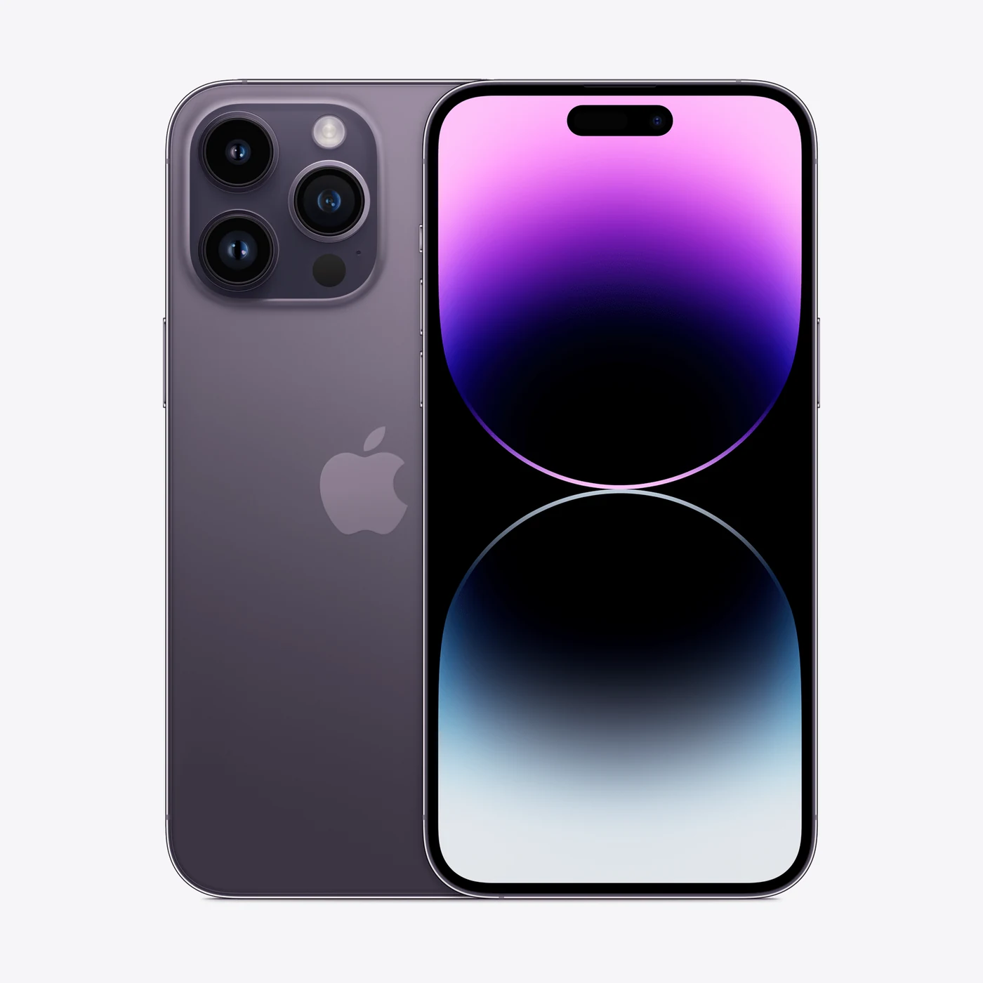 iPhone 14 Pro Max en morado oscuro, vista trasera y frontal