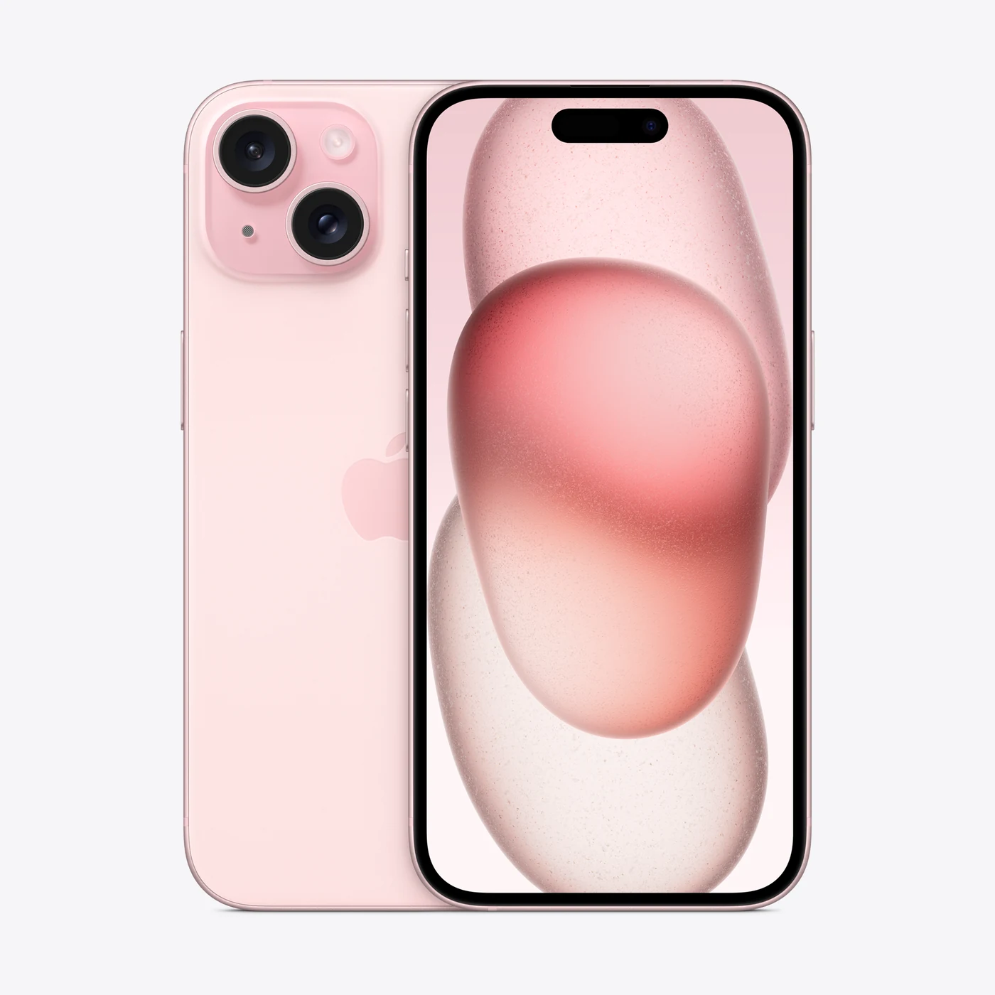 iPhone 15 en rosa, vista trasera y frontal