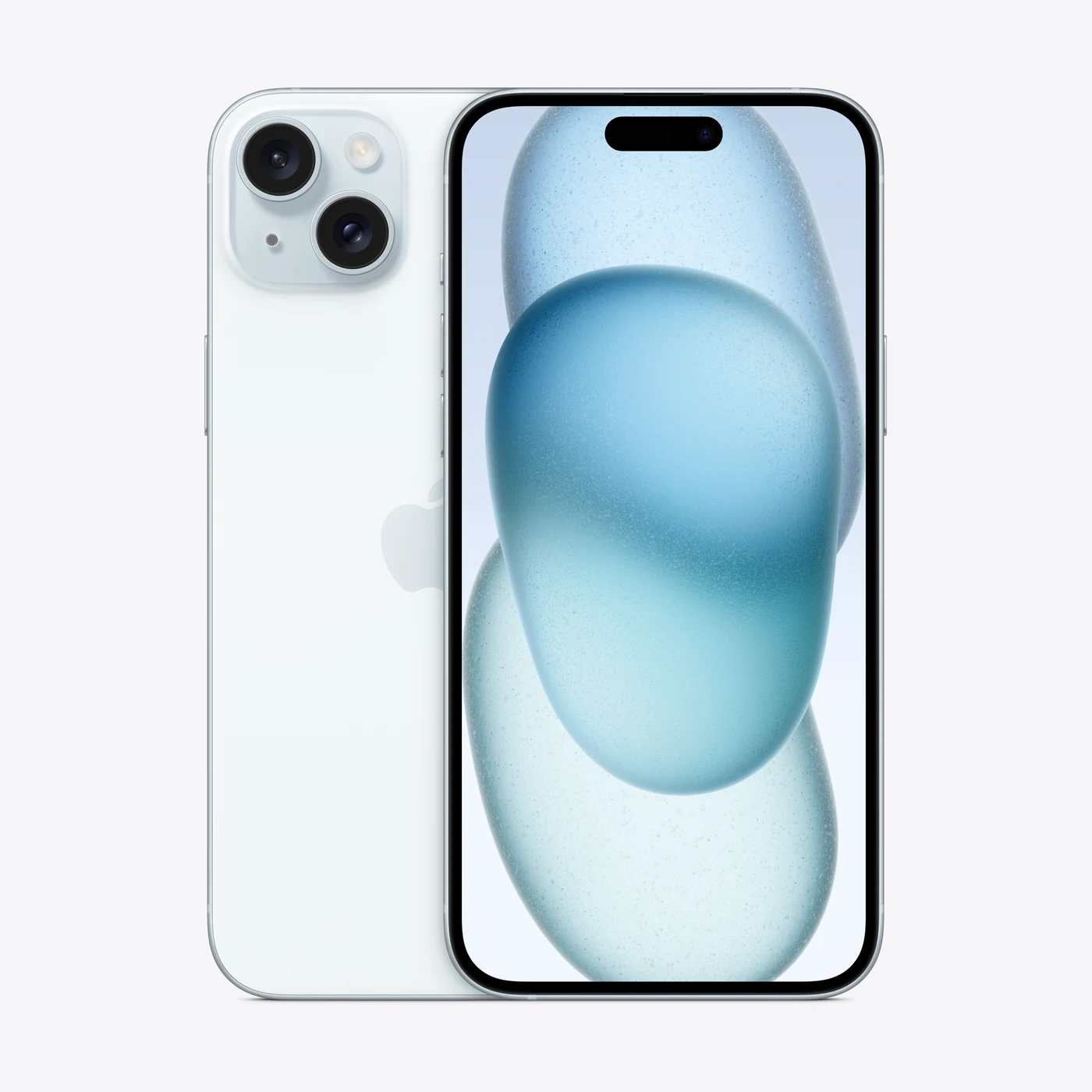 iPhone 15 Plus en azul, vista trasera y frontal
