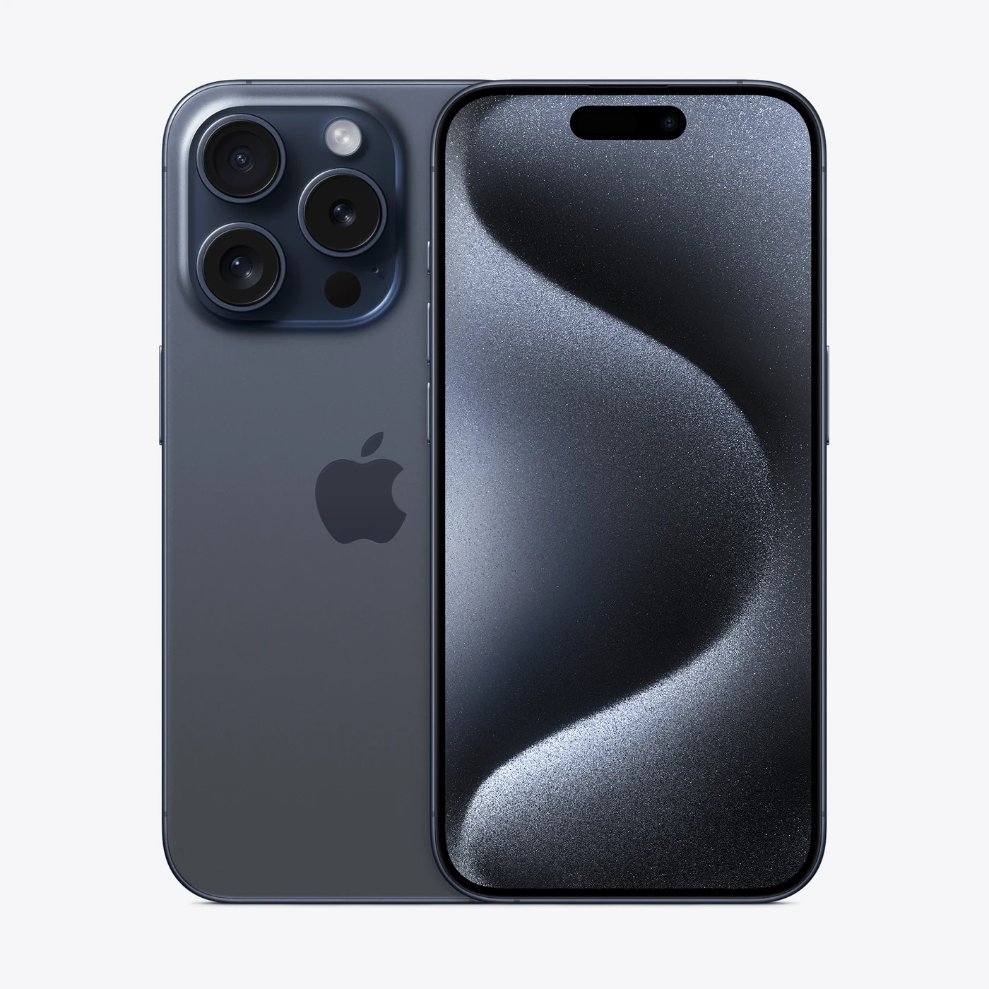 iPhone 15 Pro en titanio azul, vista trasera y frontal
