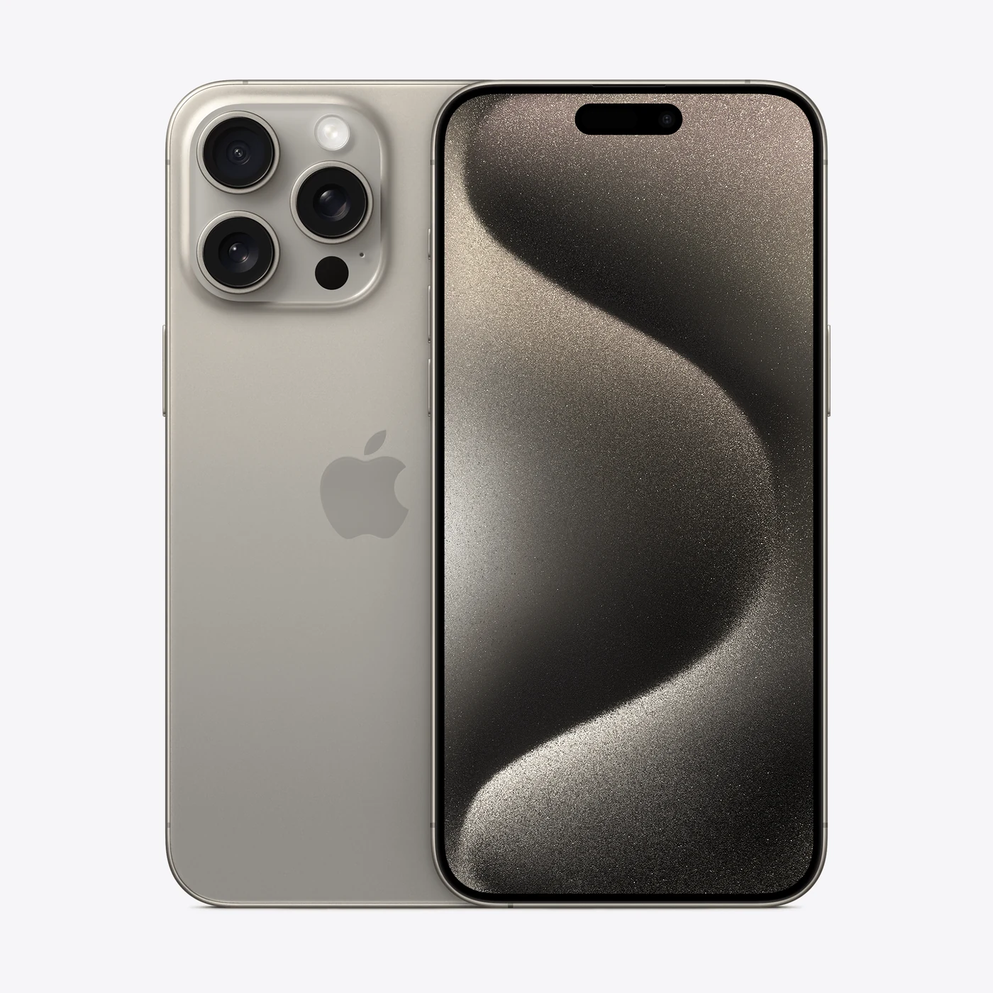 iPhone 15 Pro Max en titanio natural, vista trasera y frontal