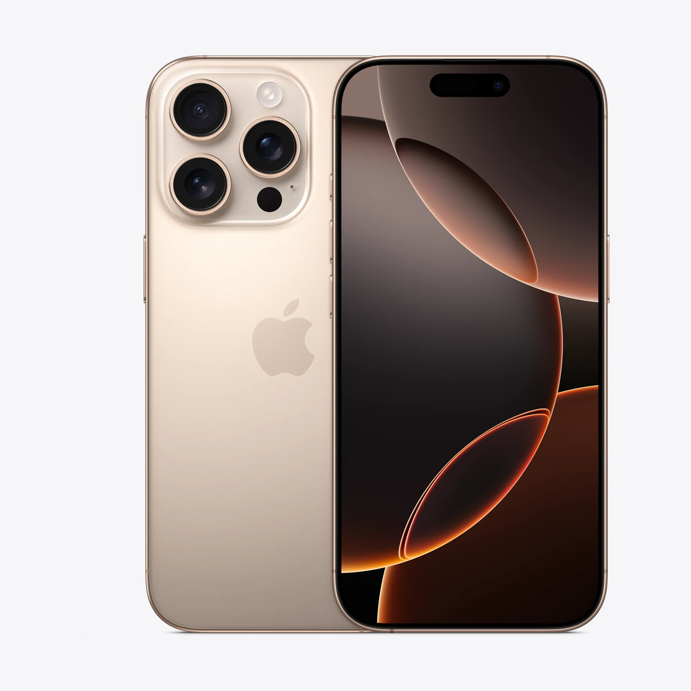 iPhone 16 Pro en titanio desierto, vista trasera y frontal