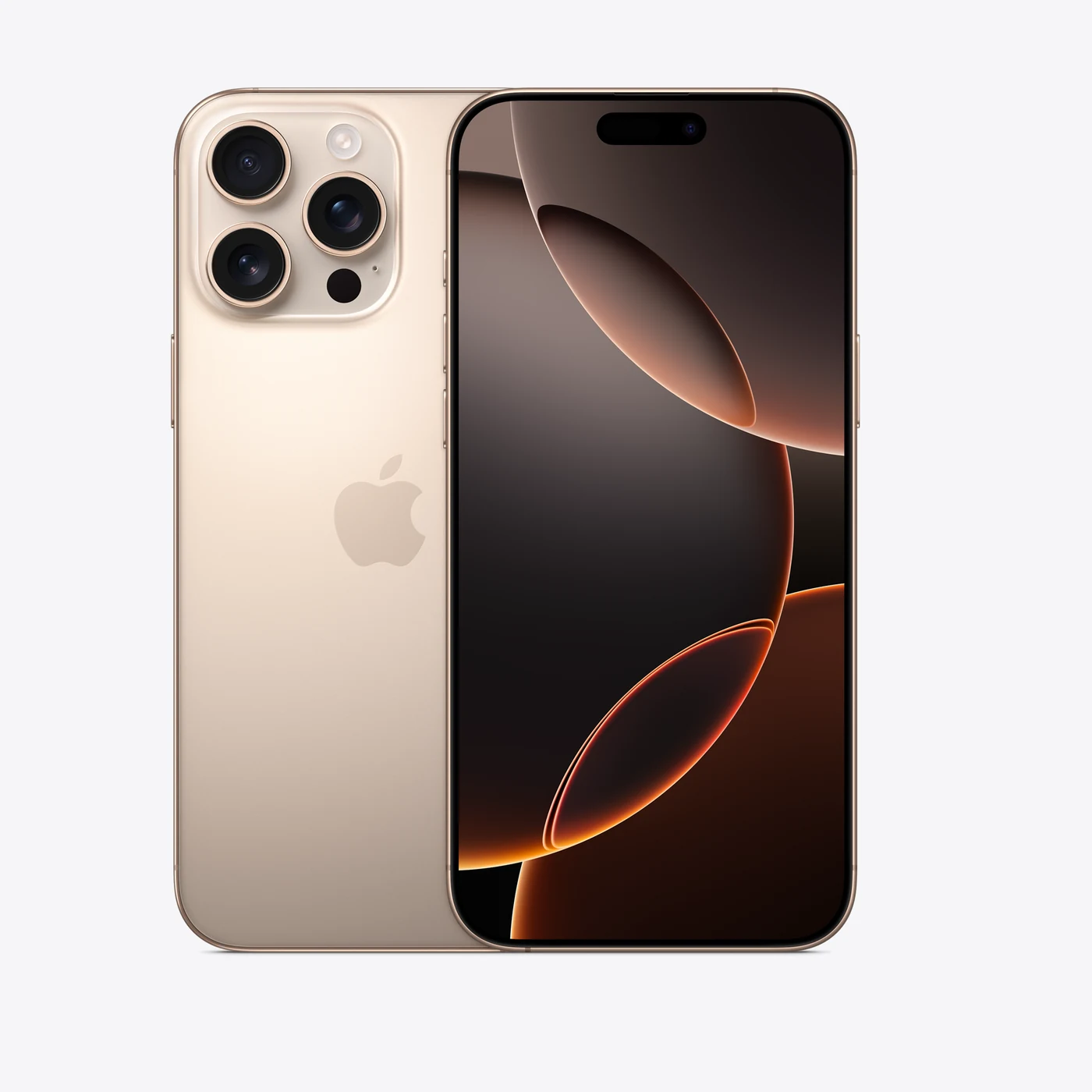 iPhone 16 Pro Max en titanio desierto, vista trasera y frontal