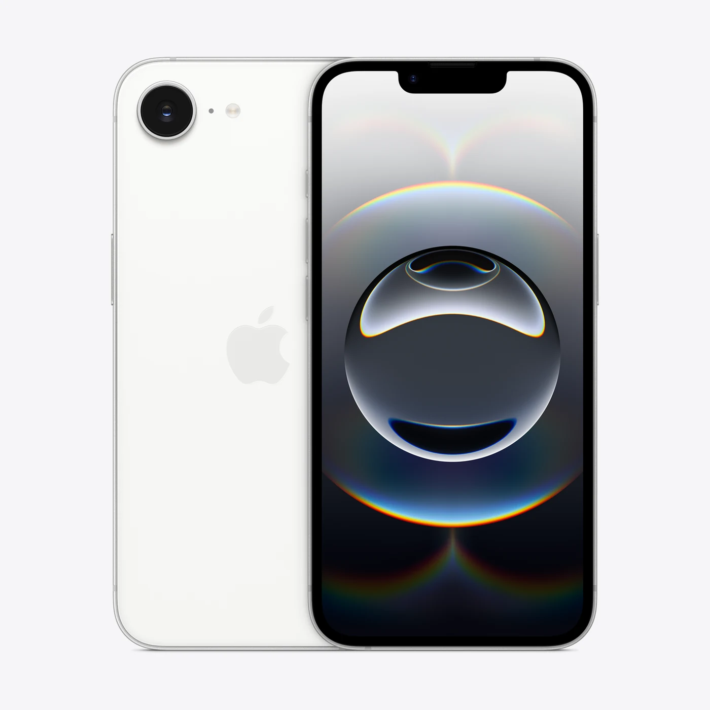 iPhone 16e en blanco, vista trasera y frontal