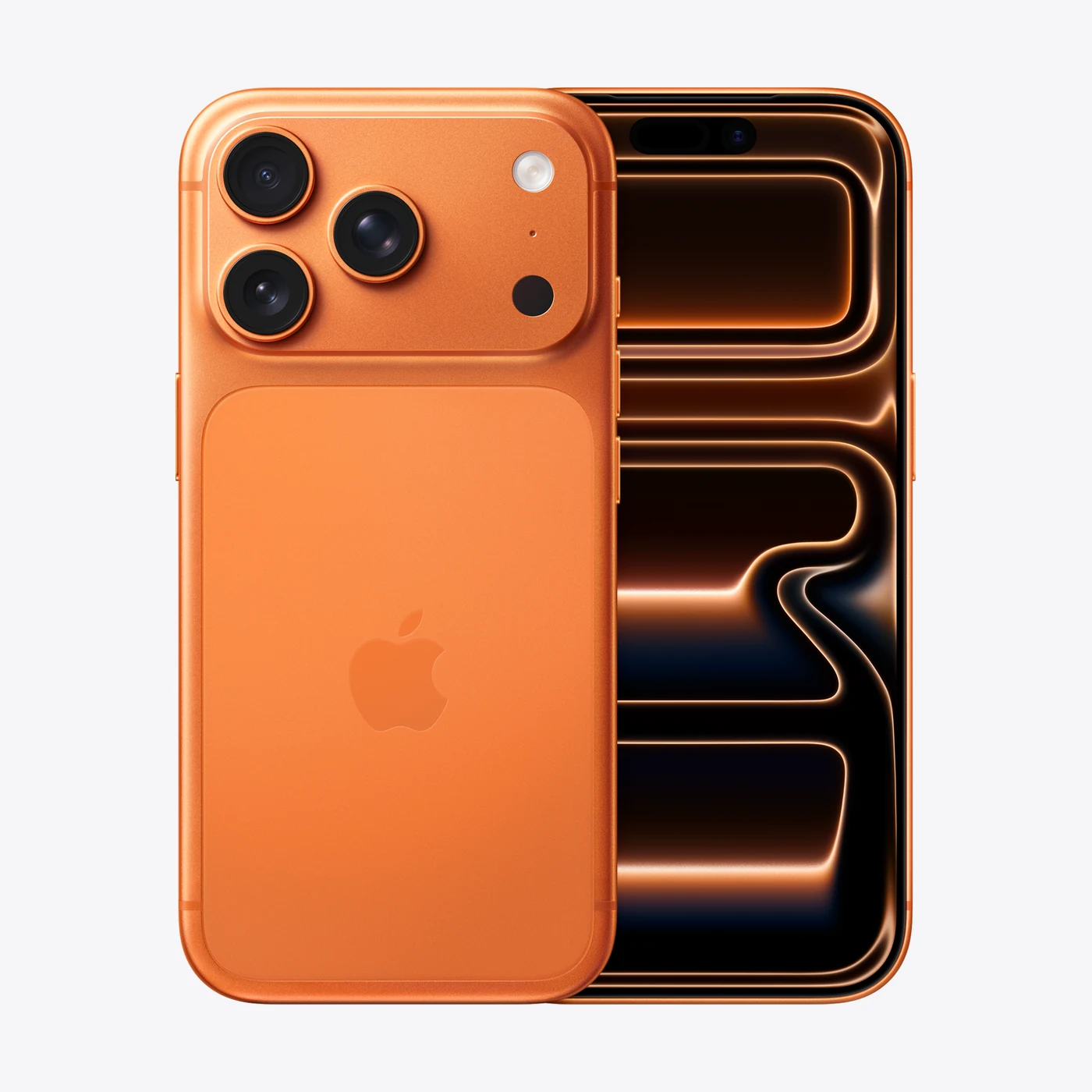 iPhone 17 Pro en naranja cósmico, vista trasera y frontal