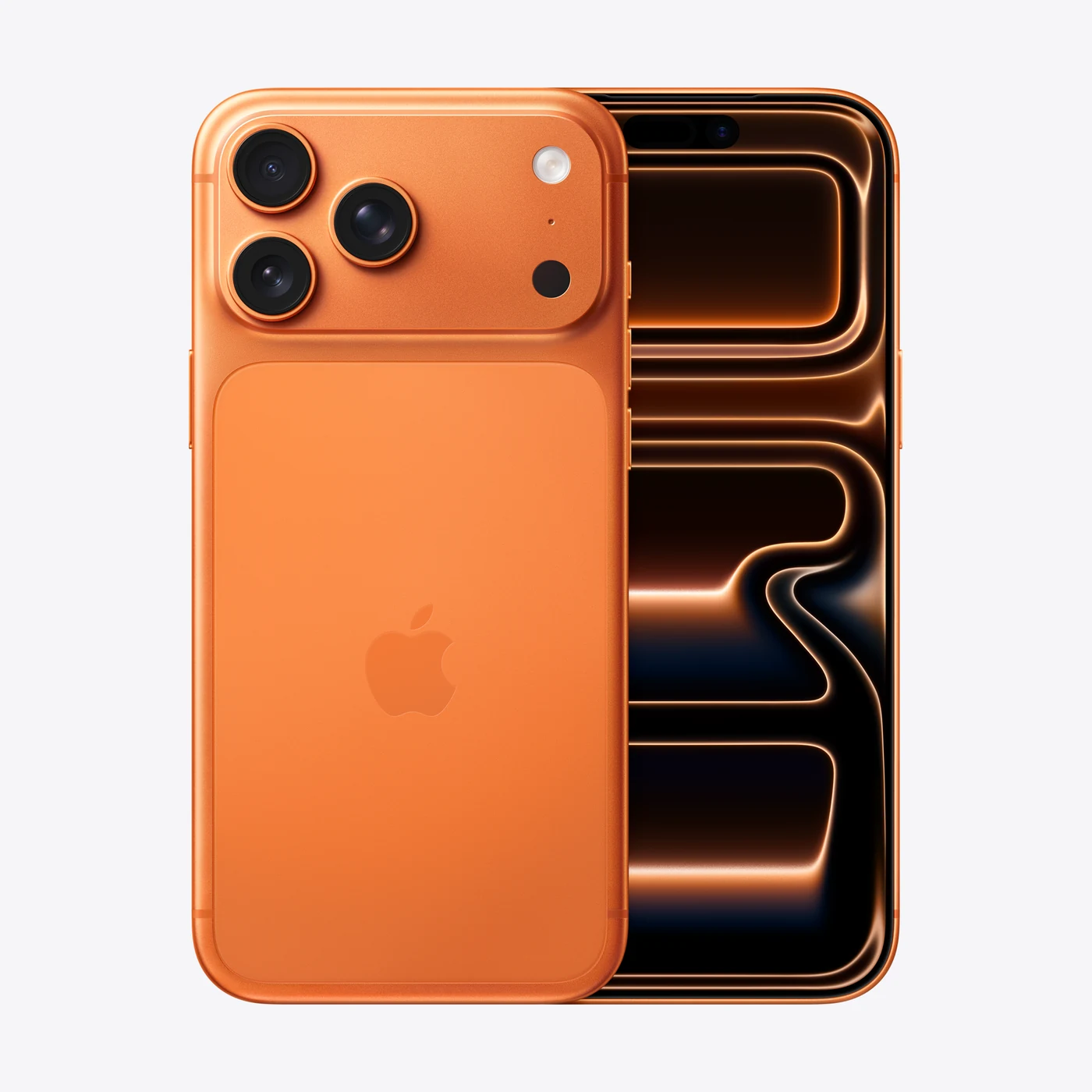 iPhone 17 Pro Max en naranja cósmico, vista trasera y frontal