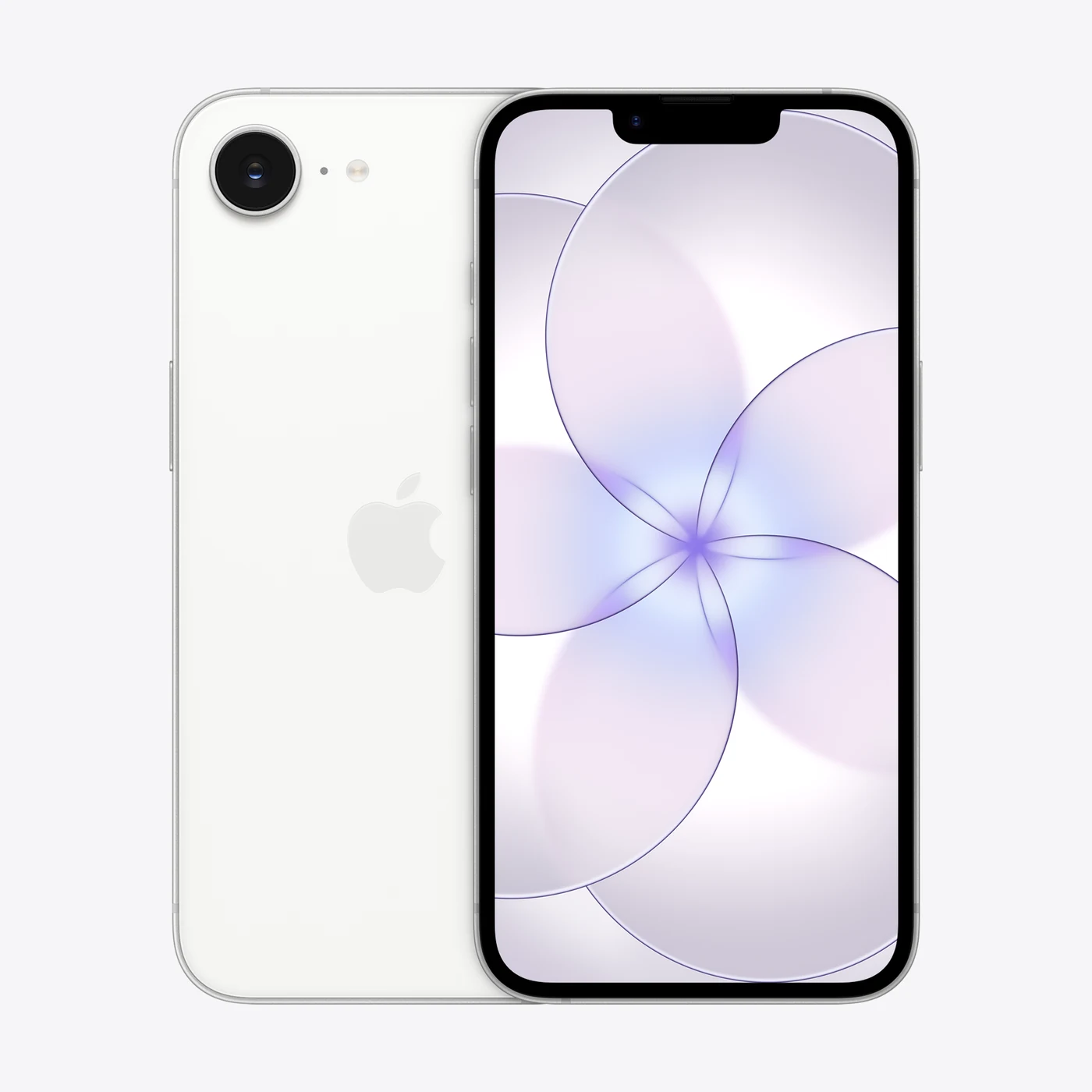 iPhone 17e en blanco, vista trasera y frontal