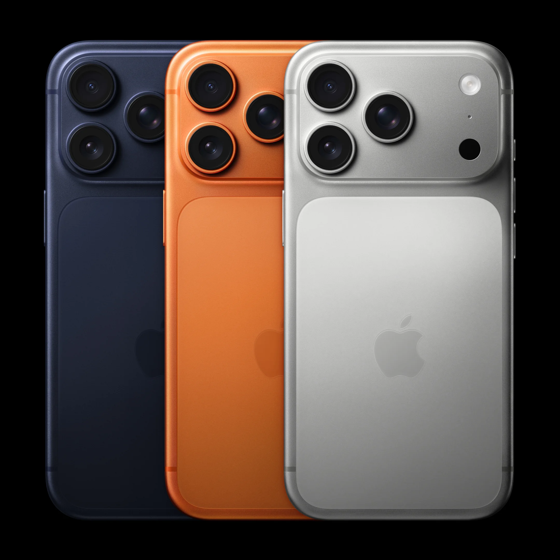 iPhone 17 Pro en azul profundo, naranja cósmico y plata